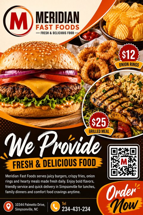 Fast food flyer template with a large burger, onion rings, and grilled chicken meal. Bold orange and black design with 'We Provide Fresh & Delicious Food' and a QR code.