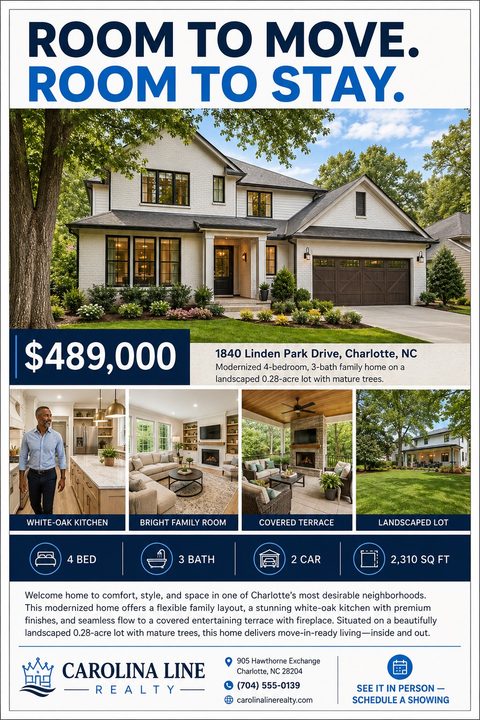 Real estate flyer template with a large photo of a white two-story house, four smaller interior and exterior photos, price, address, property details, and agent contact information.