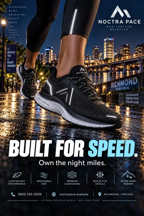 A person running at night in a city wearing black running shoes with reflective details. The text reads 'Built for Speed. Own the night miles.' with icons for lightweight, breathable, cushioning, reflective, and after-dark runner.