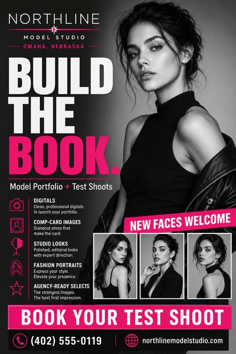 A photography flyer with a dark background, featuring a large black and white portrait of a female model. Bold white and hot pink text advertises "Build the Book" model portfolios and test shoots.