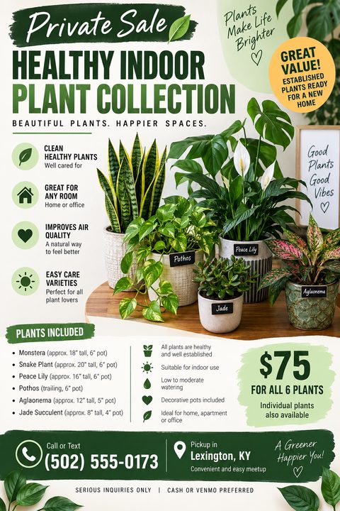 A private sale flyer for an indoor plant collection. It features a large photo of various potted plants, a fresh green and white color scheme, bulleted lists for plant details, and a prominent price.