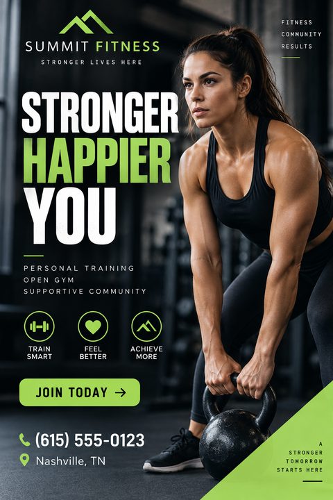 Fitness flyer template with a large photo of a woman lifting a kettlebell. Text reads 'Stronger Happier You' with lime green accents and icons for 'Train Smart', 'Feel Better', and 'Achieve More'.