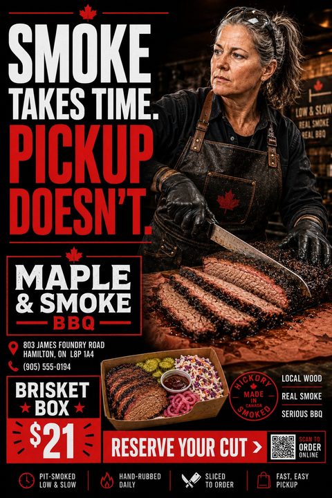 Flyer for a BBQ restaurant featuring a woman slicing a large smoked brisket. Bold text reads 'Smoke takes time. Pickup doesn't.' Includes a photo of a brisket meal box, price, and a QR code.
