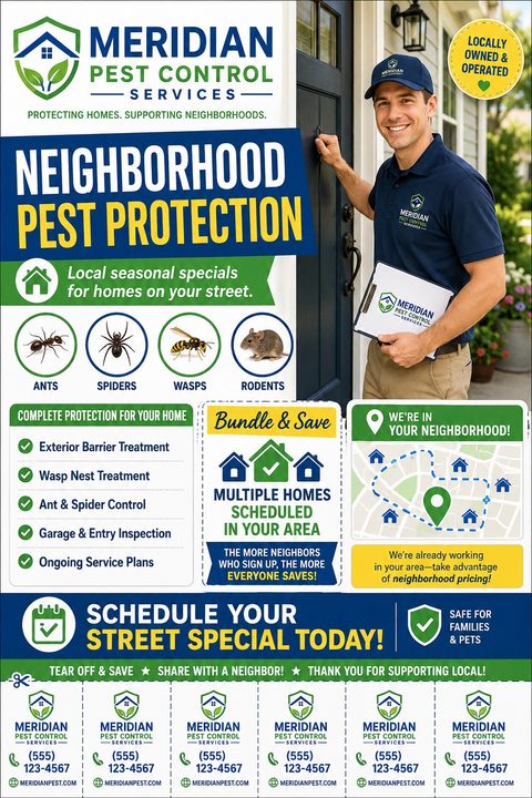 A pest control flyer featuring a smiling technician at a front door, icons for ants, spiders, wasps, and rodents, a neighborhood map graphic, and tear-off contact tabs at the bottom in blue and green.