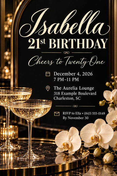 A black and gold 21st birthday invitation flyer featuring two champagne coupes and white orchids on a dark marble surface.