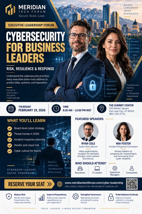 A professional corporate seminar flyer in navy blue and gold. It features a large photo of two business professionals, event details, a What You'll Learn section, speaker profiles, and a QR code.