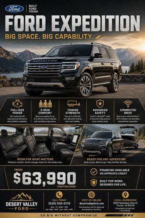 A dark-themed car sales flyer featuring a large black SUV parked near a mountain lake, with gold text accents, feature icons, interior shots, and a prominent starting price.