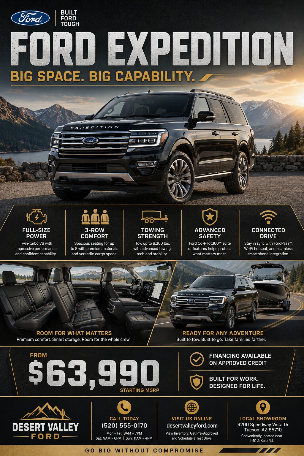 A dark-themed car sales flyer featuring a large black SUV parked near a mountain lake, with gold text accents, feature icons, interior shots, and a prominent starting price.