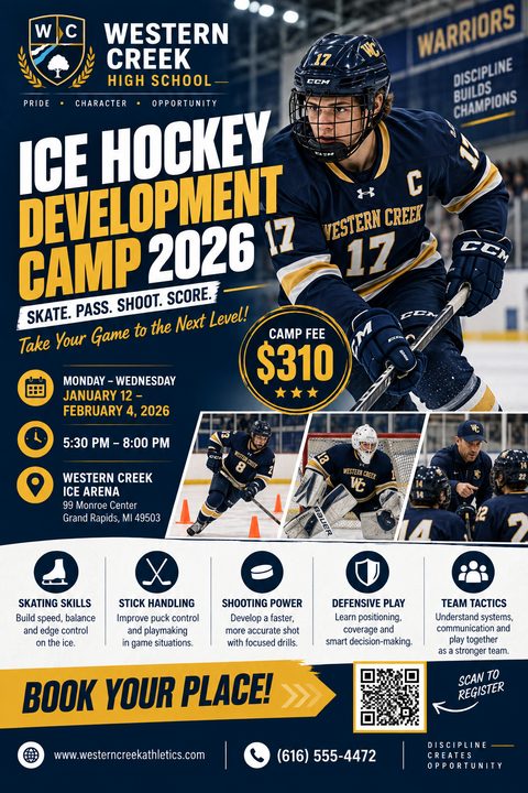 Flyer for an Ice Hockey Development Camp featuring a large photo of a hockey player in navy and gold uniform, smaller action shots, camp details like dates, times, location, fee, and skills covered, with a QR code to register.