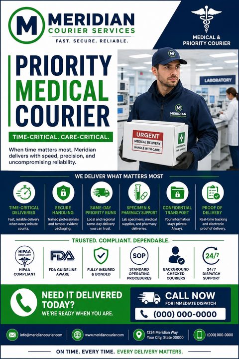 A flyer for Meridian Courier Services, specializing in priority medical courier. It features a photo of a courier holding an urgent medical delivery box in a lab setting, along with icons detailing services and compliance.