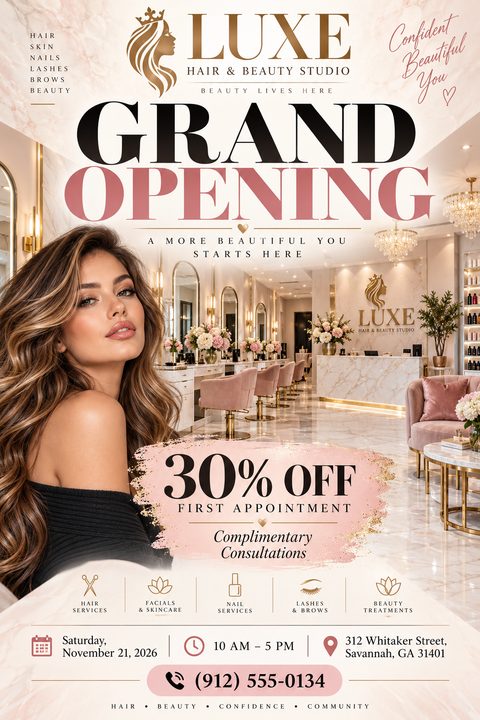A luxurious grand opening flyer for a beauty studio featuring a woman with styled hair, a photo of an elegant salon interior, pink and gold accents, and a 30% off promotion.