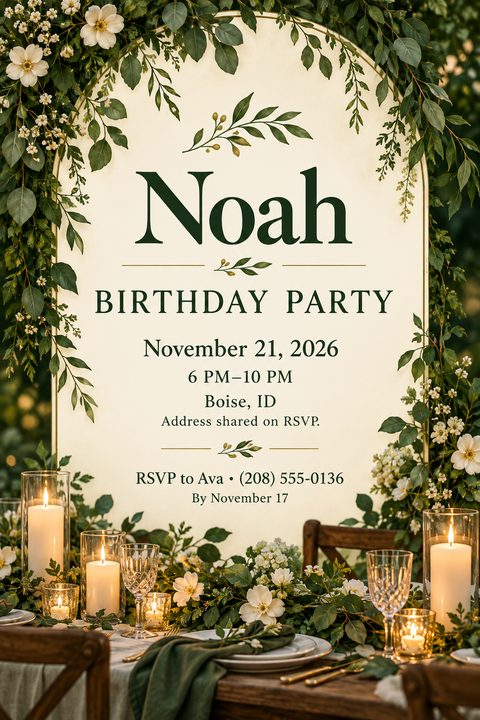 An elegant birthday party invitation flyer featuring a cream archway framed by green foliage and white flowers, set behind a beautifully decorated dinner table with lit candles and crystal glasses.