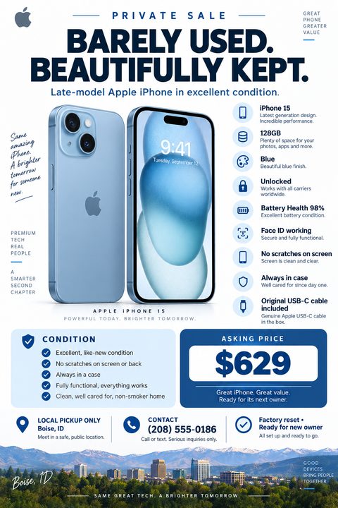 A modern private sale flyer for a smartphone featuring large front and back photos of a blue phone, a detailed spec list with icons, condition checklist, asking price, and a city skyline footer.