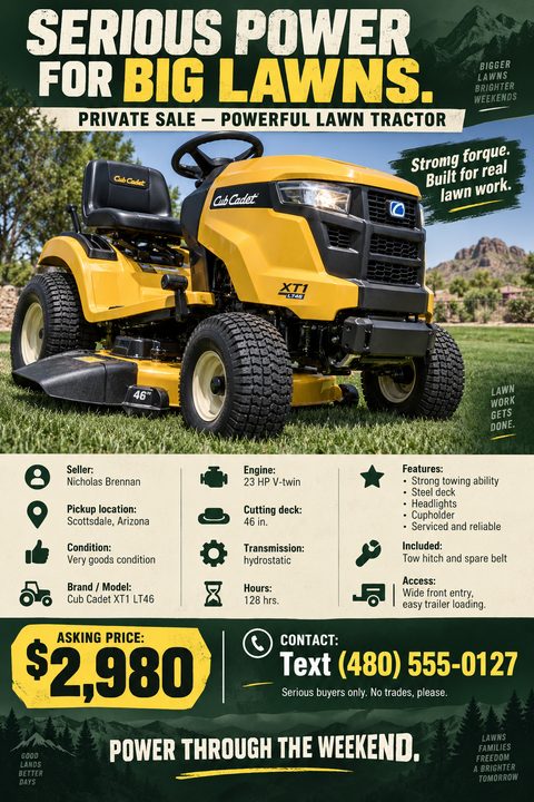 A flyer for a private sale of a lawn tractor. The top half features a large photo of a yellow riding mower on a lawn. The bottom half lists specifications with icons, an asking price of $2,980, and contact information over a dark green background.