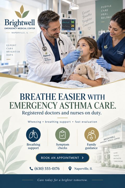 A medical flyer featuring a doctor and nurse treating a young girl with an oxygen mask. Below, text reads "Breathe Easier with Emergency Asthma Care" alongside service icons and a clinic photo.