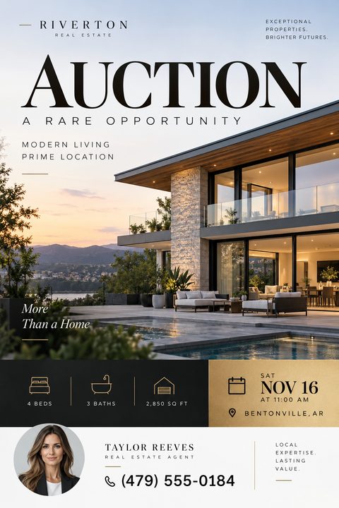Real estate auction flyer featuring a large photo of a modern luxury home with a pool at sunset. The word AUCTION is prominent. Includes property details, auction date, and agent contact info.