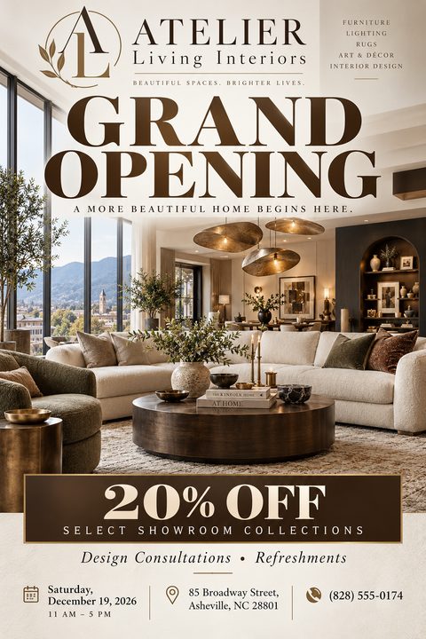A grand opening flyer for an interior design showroom featuring a large photo of a luxurious, earth-toned living room. Bold brown text announces the event and a 20% off discount over a cream background.