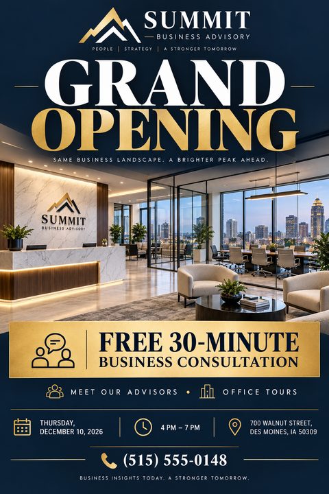 Elegant navy blue and gold flyer featuring a modern corporate office interior with a city skyline view. It includes large gold text for Grand Opening and a banner for a free consultation.