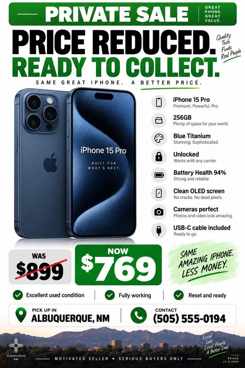 A private sale flyer for a smartphone featuring a large image of a blue phone, a bulleted list of specs, a prominent green 'NOW' price tag crossing out the old price, and contact information.