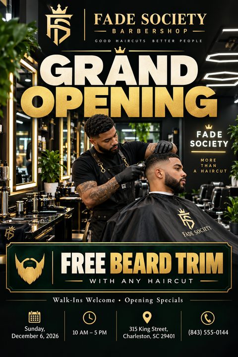 A black and gold flyer for a barbershop grand opening featuring a photo of a barber cutting hair, bold gold text, and a free beard trim offer.
