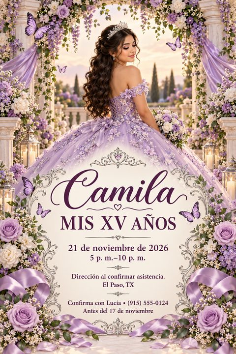 A young woman in a lavish purple gown stands among purple roses and butterflies. Below, an elegant silver-framed text box holds Quinceañera invitation details in Spanish.