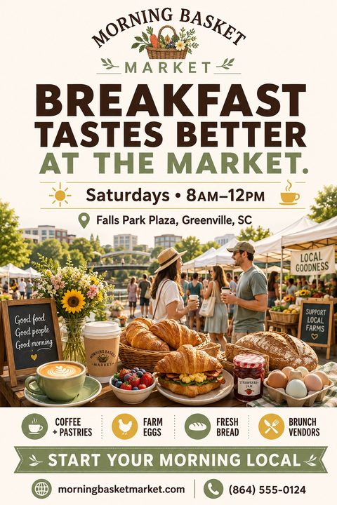 Flyer for Morning Basket Market. Text reads 'Breakfast tastes better at the market. Saturdays 8AM-12PM'. Features a photo of a table laden with coffee, croissants, berries, and eggs, with a bustling farmers market in the background.