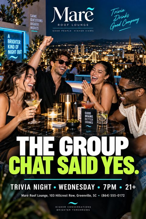 A vibrant flyer showing four friends laughing over cocktails at a rooftop bar at night, with bold white and neon green text promoting a trivia night.