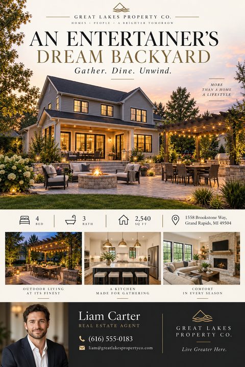 Real estate listing flyer featuring a large twilight photo of a backyard patio with a firepit. Includes property specs, three smaller interior photos, and a dark footer for agent details.