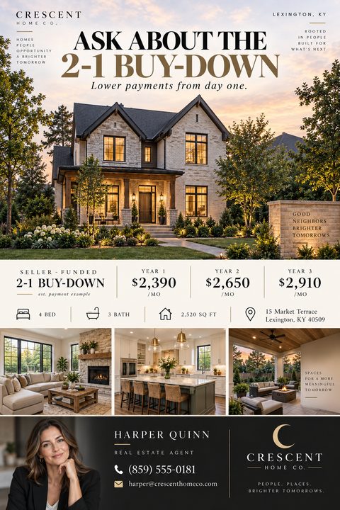 Real estate flyer promoting a 2-1 buy-down. Features a large photo of a stone house at twilight, three smaller interior photos, payment examples for years 1-3, property details, and agent contact info.