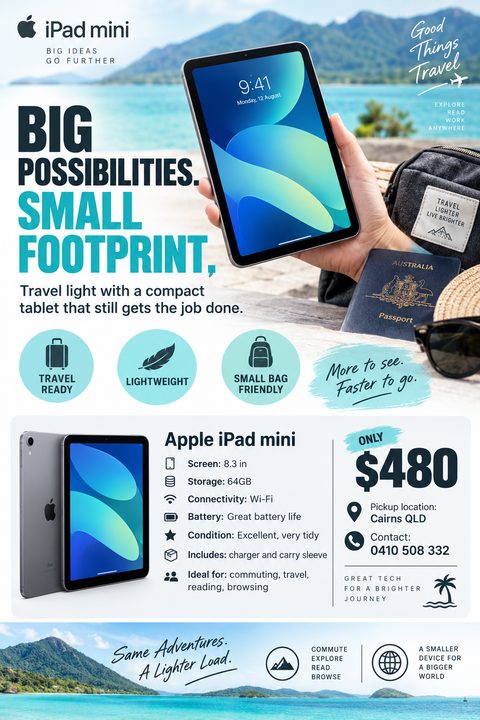 A for-sale flyer featuring a lifestyle photo of a tablet held on a beach, followed by a white section with product images, specification bullet points with icons, a price, and contact details.