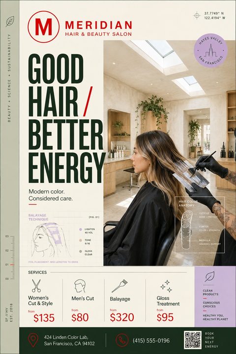 A modern hair salon flyer featuring a photo of a woman getting balayage, technical diagrams of hair anatomy and foil placement, a service menu with prices, and a clean cream, green, and purple color palette.