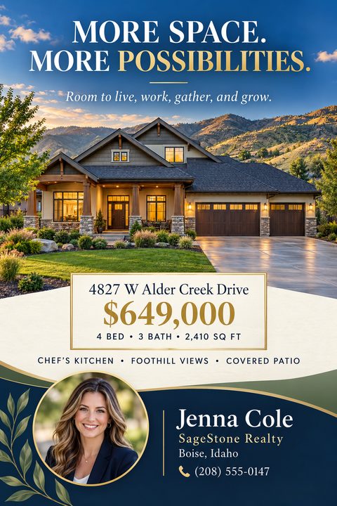 Elegant real estate flyer featuring a large photo of a modern house against mountains. Below, a white section displays price and details, followed by a navy curved section with an agent headshot and contact info.