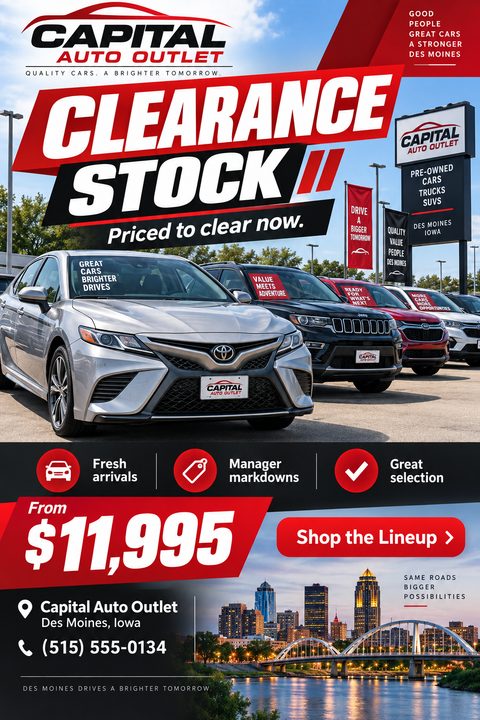 A car dealership clearance flyer featuring a silver sedan and a black SUV parked on a lot. Bold red and black text reads 'Clearance Stock Priced to clear now.' The bottom includes pricing, contact info, and a city skyline.