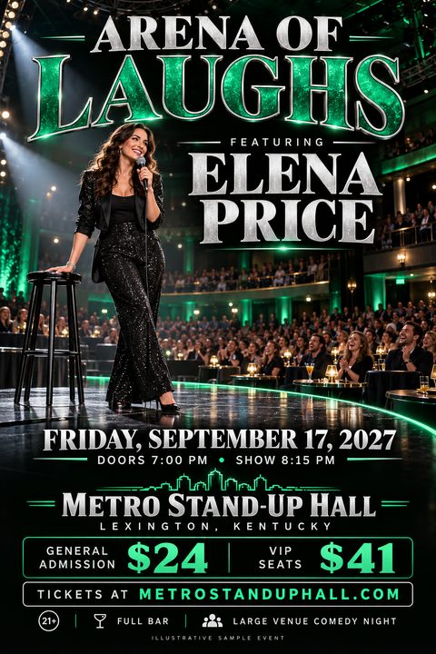 A glamorous comedy show flyer featuring a female comedian on stage with a microphone, set against a dark background with striking emerald green lighting and large metallic silver typography.