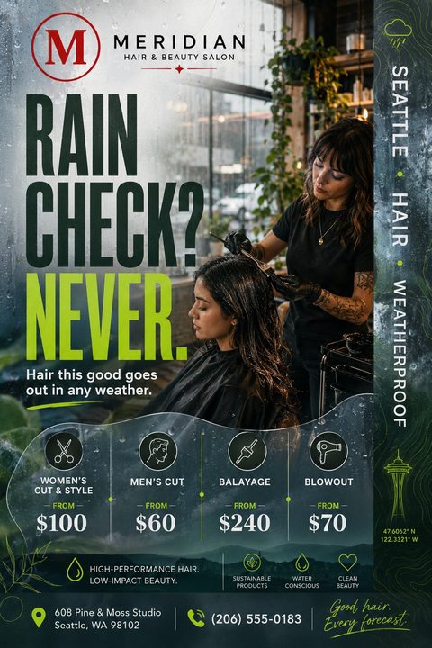 A moody hair salon flyer featuring a stylist coloring a client's hair behind a rainy window overlay. Bold green text reads 'Rain Check? Never' above a dark pricing menu with service icons.