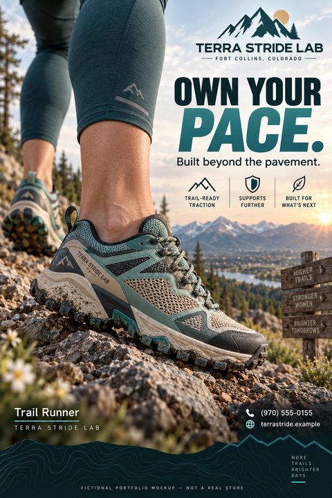 A flyer for trail running shoes featuring a close-up of a person's foot wearing a rugged teal and tan shoe on a rocky mountain trail. The background shows a scenic mountain landscape at sunrise. Text reads 'Own Your Pace. Built beyond the pavement.'.