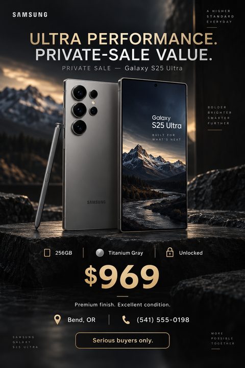 A dark, cinematic flyer for a private smartphone sale. It features a large image of a modern smartphone on a rocky surface with a mountain landscape background. Text includes 'Ultra Performance. Private-Sale Value.', specs like '256GB', 'Titanium.