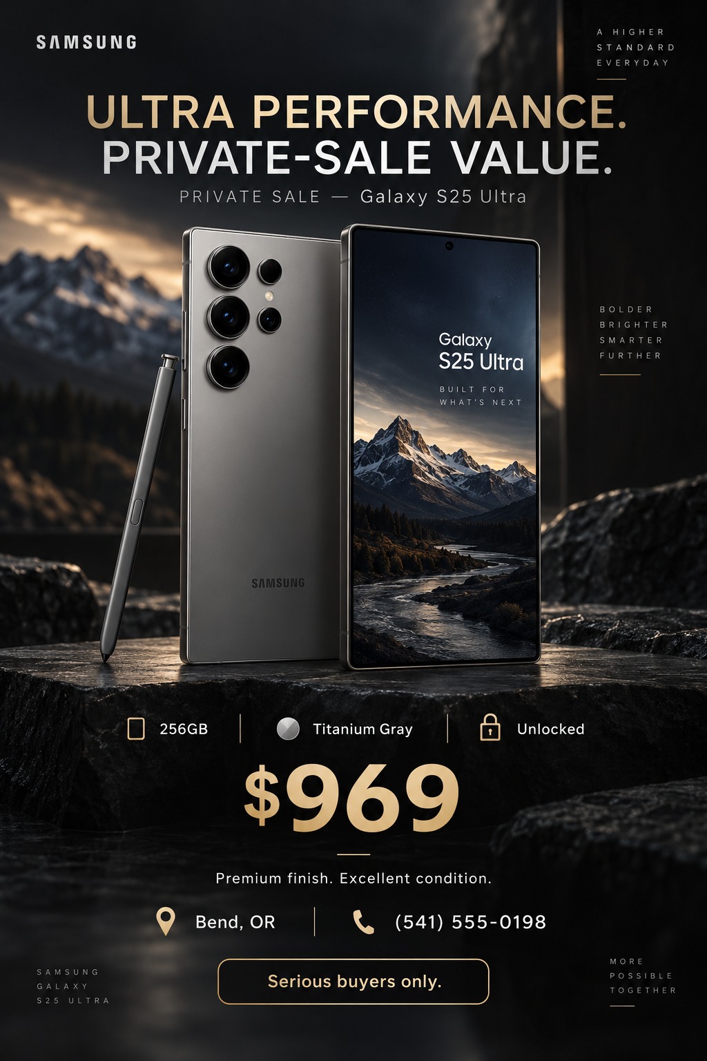 A dark, cinematic flyer for a private smartphone sale. It features a large image of a modern smartphone on a rocky surface with a mountain landscape background. Text includes 'Ultra Performance. Private-Sale Value.', specs like '256GB', 'Titanium.
