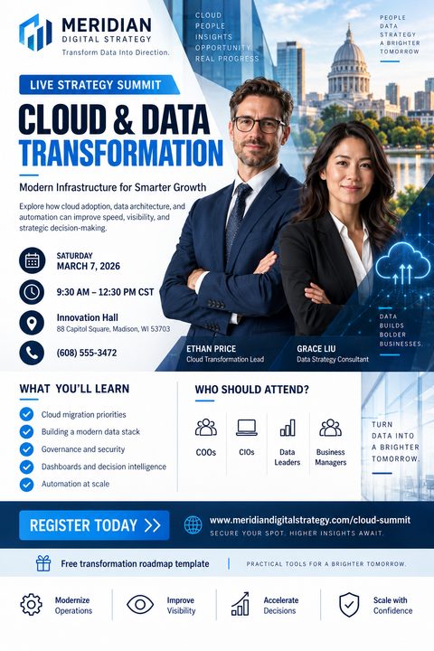A professional corporate event flyer in blue and white, featuring a photo of a man and woman in business attire, a city skyline, event details, learning objectives, and a registration call to action.