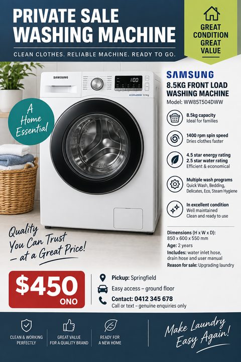 Flyer for a private sale of a washing machine. Features a large photo of a front-load washer, a list of specifications, a prominent price tag of $450 ONO, and contact information.