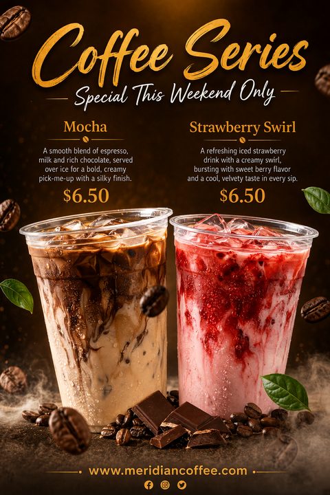 A dark, rich cafe flyer featuring two large iced drinks—a mocha and a strawberry swirl—surrounded by floating coffee beans, green leaves, and chocolate squares against a misty brown background.