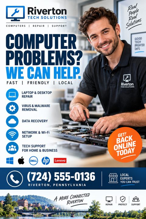 Computer repair flyer template with a photo of a smiling technician working on a laptop motherboard. Text reads 'Computer Problems? We Can Help.' with a list of services like laptop repair, virus removal, and data recovery.