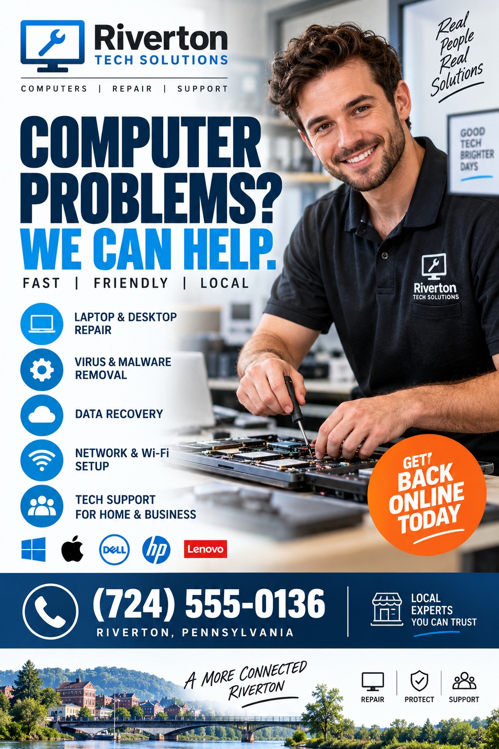 Computer repair flyer template with a photo of a smiling technician working on a laptop motherboard. Text reads 'Computer Problems? We Can Help.' with a list of services like laptop repair, virus removal, and data recovery.