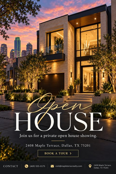 A real estate open house flyer featuring a large photo of a modern, two-story luxury home at sunset with city skyline in the background. Text reads 'Open House' in elegant script and serif fonts.