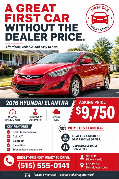 A bold red, white, and navy flyer for a private car sale. It features a large photo of a red sedan, a prominent asking price, and organized sections for vehicle specifications.