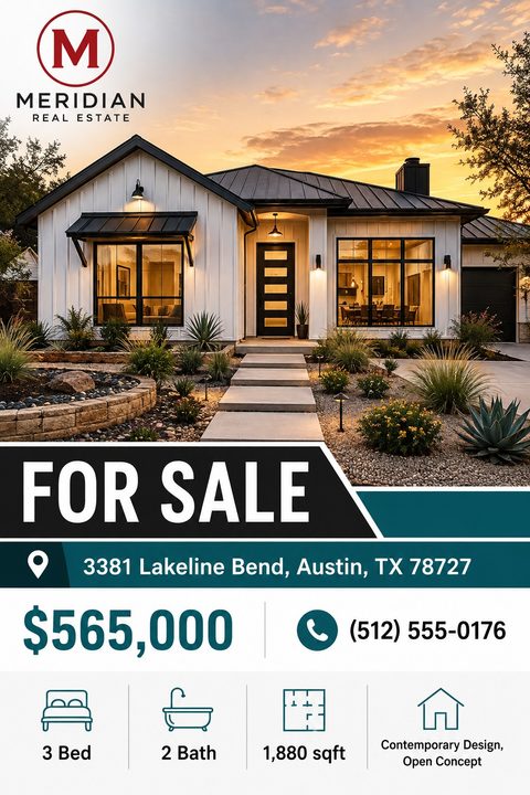 A real estate flyer featuring a large photo of a modern house at sunset. Below are bold black and teal banners with 'FOR SALE', address, price, phone number, and property detail icons.
