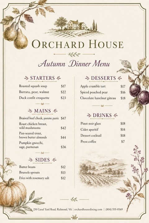 A vintage-style restaurant menu on a cream parchment background, featuring elegant serif text and rustic etched illustrations of a farmhouse, vineyard, pumpkins, pears, and plums in olive and burgundy tones.