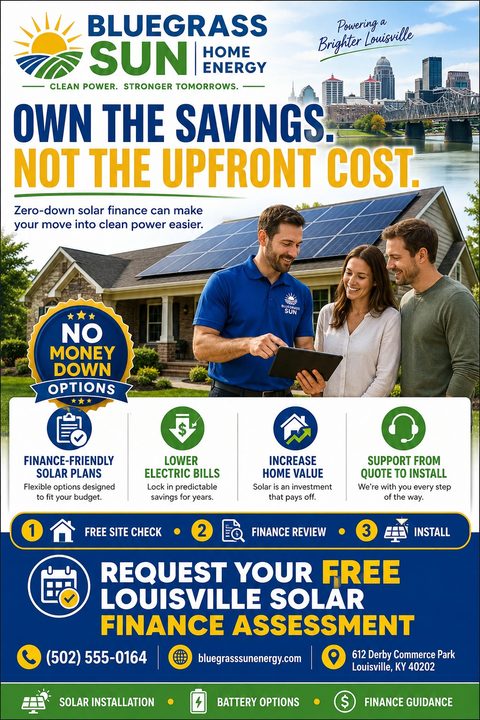 A flyer for a solar energy company promoting zero-down finance options. It features a photo of a solar representative showing a tablet to a couple in front of a house with solar panels, along with icons highlighting benefits like lower bills and.