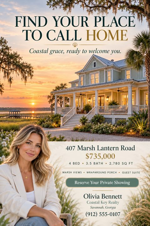 Real estate flyer featuring a large coastal home at sunset overlooking a marsh. A smiling female agent is in the foreground above a cream panel with property details, price, and contact information.
