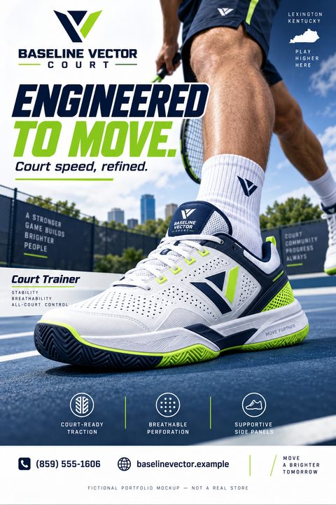 A flyer promoting a new athletic shoe. The main image shows a close-up of a white, navy, and neon green tennis shoe on a blue court, with a person's legs in the background. Text reads 'Engineered to Move. Court speed, refined.' and highlights.
